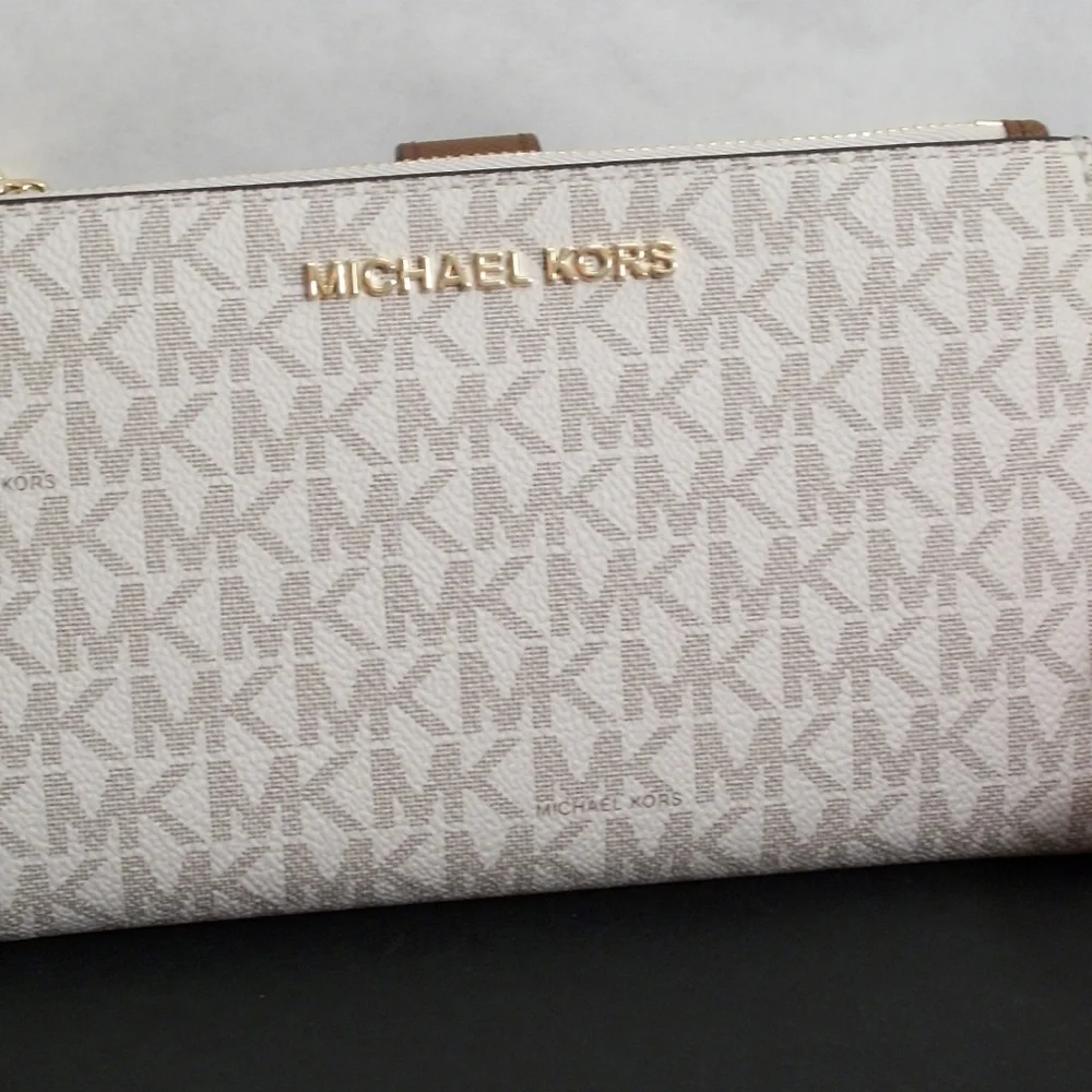 Michael Kors Signature Smartphone Wallet  In White Logo Canvas Print Wristlet
